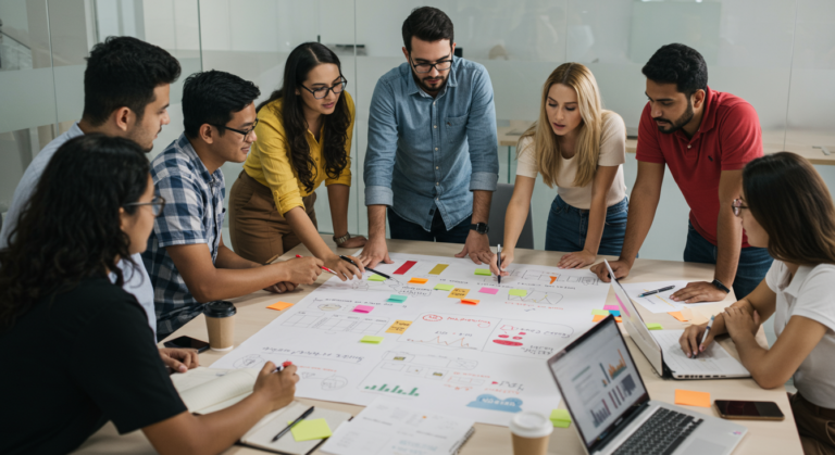 A imagem deve mostrar uma equipe de marketing discutindo dados de público-alvo em um quadro branco.