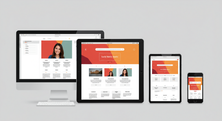 A imagem mostra um site exibido em diferentes dispositivos: desktop, tablet e smartphone.