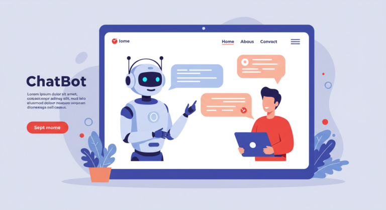 Uma ilustração de um chatbot interagindo com um usuário em um site, mostrando conversas fluídas e informativas.