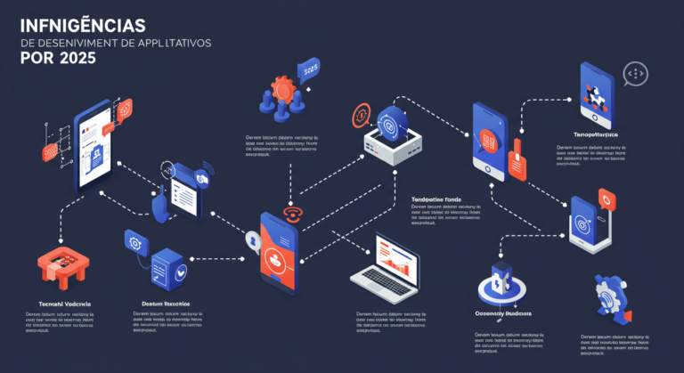 Infográfico mostrando as principais tendências em desenvolvimento de aplicativos para 2025, com ícones representativos e cores vibrantes.