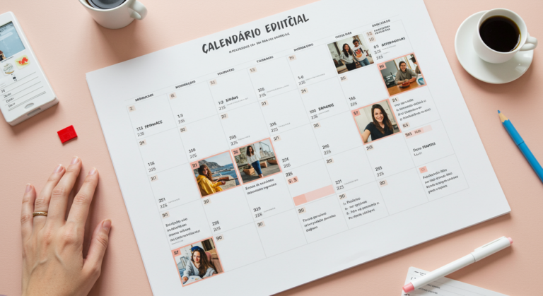 Calendário editorial de conteúdo em redes sociais com diferentes tipos de publicações e datas