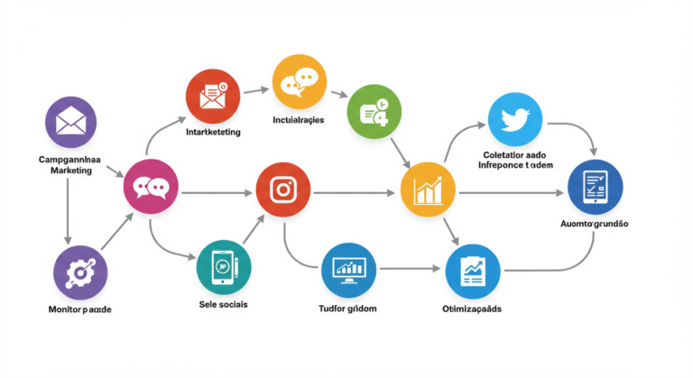 Uma representação gráfica de um fluxo de automação de marketing com ícones de e-mail, redes sociais e análise de dados. Uma representação gráfica de um fluxo de automação de marketing com ícones de e-mail, redes sociais e análise de dados.