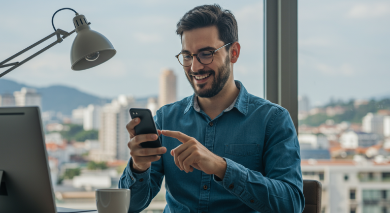 Uma imagem representativa de um cliente satisfeito, visualizando conteúdos em seu celular, transmitindo a ideia de sucesso e satisfação.
